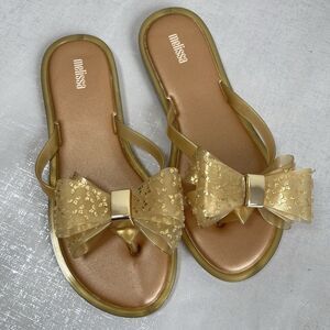Melissa Women Harmonic Jelly Sandal 8 Gold Bow Flip Flop Beach Resort Summer